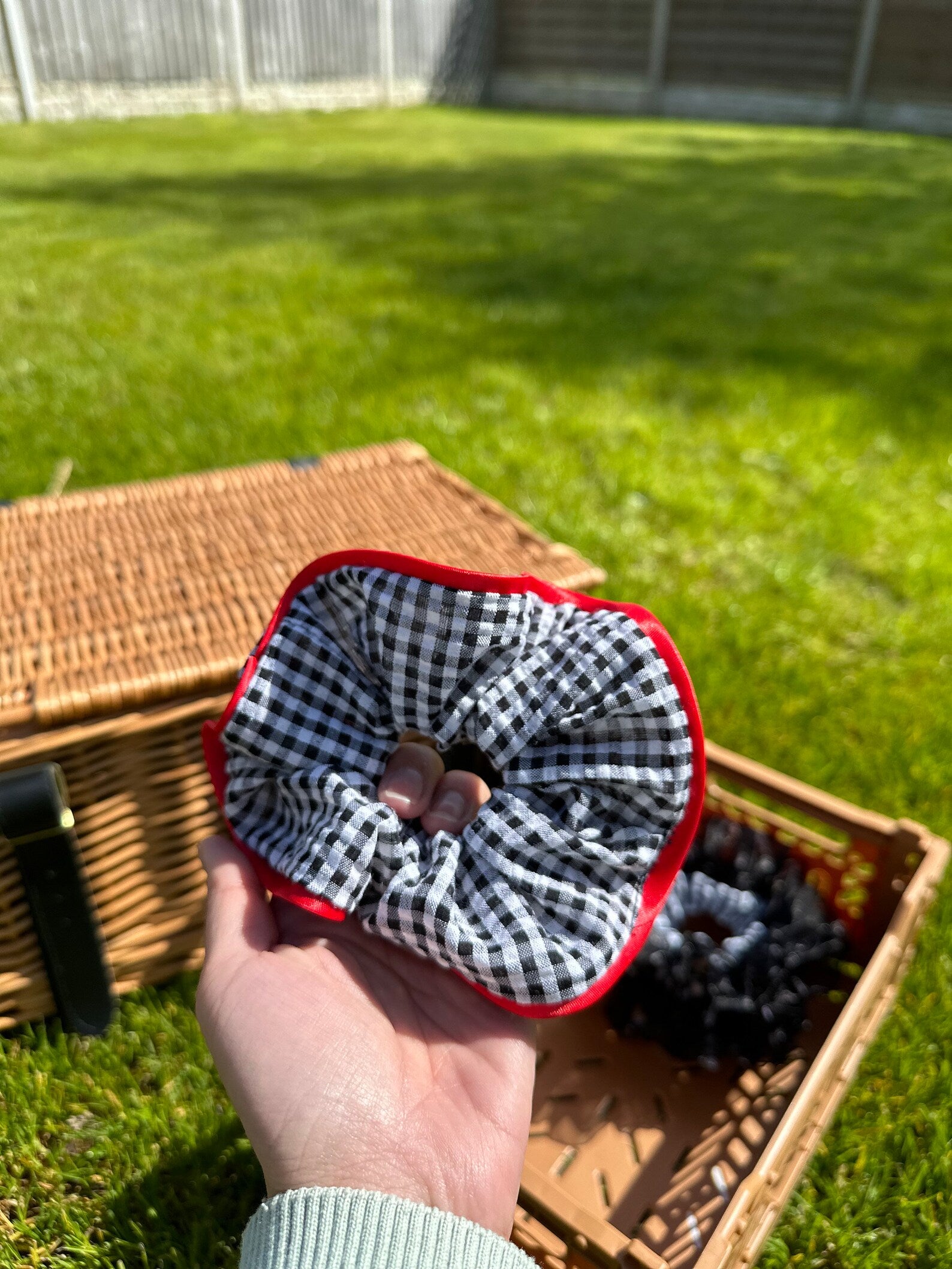 Gingham Scrunchie: Large Black and White Hair Tie with Red Satin Trim
